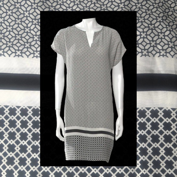 Small Cynthia Rowley 100% Pure Printed Silk Shift Dress Black White Spri… - Picture 1 of 15